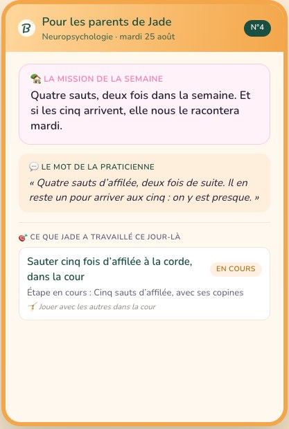 La carte de séance, côté parents : le mot du praticien et les défis du jour