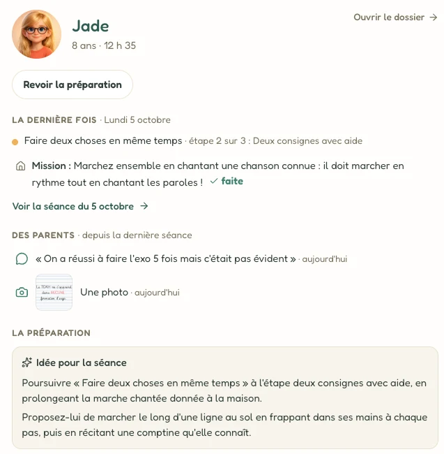 L’écran de préparation de Jade dans Briyo : la dernière séance, la mission faite, le mot et la photo de ses parents, et une idée pour la séance